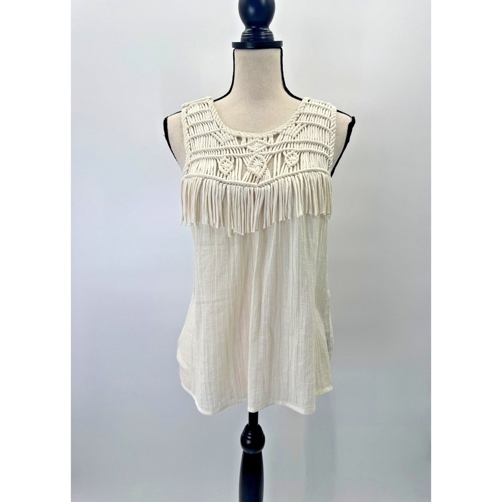 Aerie Crochet Macrame Cami Tank Top Fringe Cotton Medium 70s Hippie Indie Boho